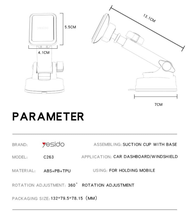 C263 Magnetic Phone Holder Private mold Material: ABS+Magnets (6pcs N52) 360 degree rotating 360 degree rotating base Telescopic Clamp Arm