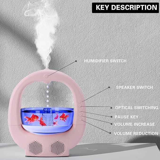 Cool Mist Humidifier 700ml Anti Water Drop Air Humidifier with Fish Tank Ambient Light Dual Speaker Quiet Ultrasonic Humidifiers Bedroom Rain Diffuser