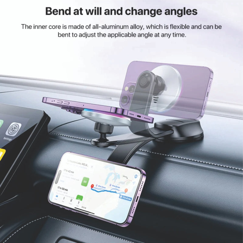 C292 Arm Bendable Magnetic  Wireless Charging Phone  holder  made from ABS+PC +Aluminum Alloy  Magsafe magnetic  15W Wilress Charging  Arm can be bent with angle  360 degree rotating  Mini Base with suction cup