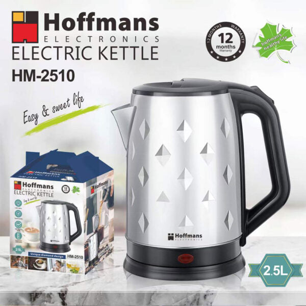 Hoffmans Electric Kettle: 2.5L, 360° Swivel Base, Unique Diamond Design