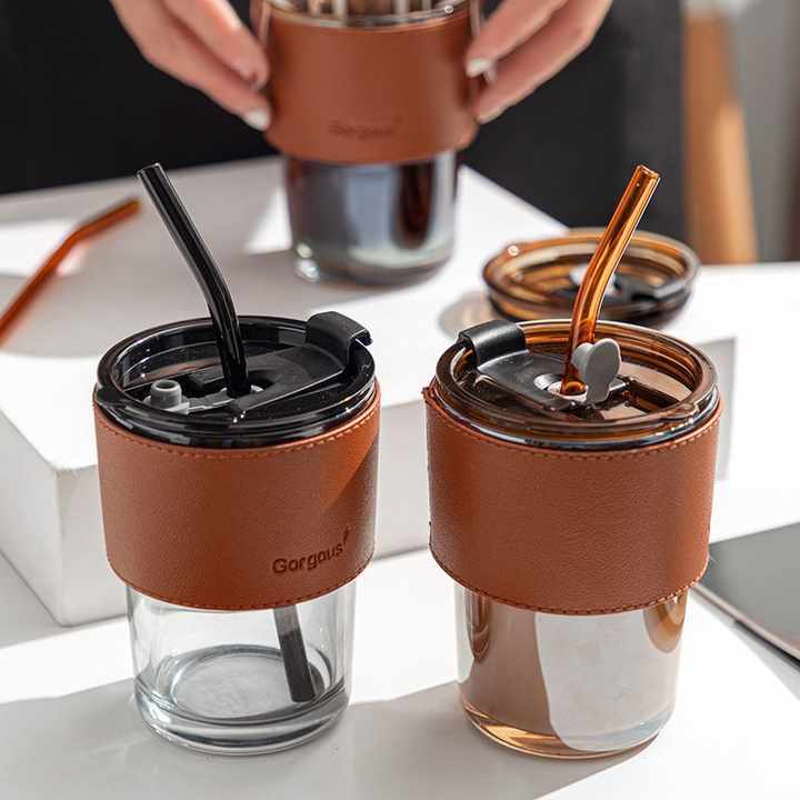 Stylish Glass Tumbler with Leather Sleeve and Straw