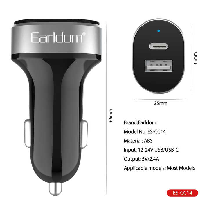 Earldom ES-CC14 PD Quick Car Charger - Dual USB and USB-C Ports for Fast Charging