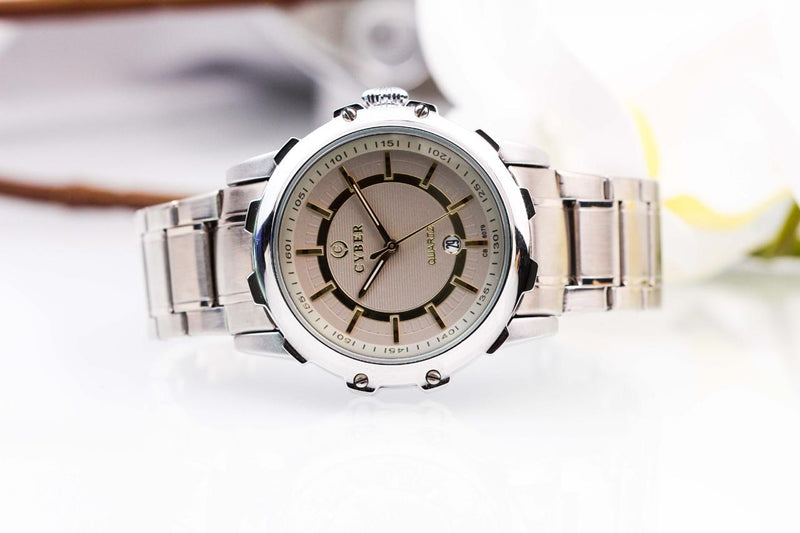 Sleek Cyber Men's Stainless Steel Watch - White Dial with Multi-Function Day-Date Display