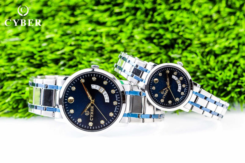 Premium Cyber Couple Watch Set - Blue Stainless Steel with White Dial and Day-Date Function