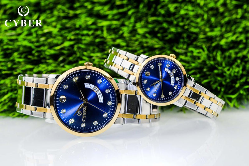 Premium Cyber Couple Watch Set - Blue Stainless Steel with White Dial and Day-Date Function