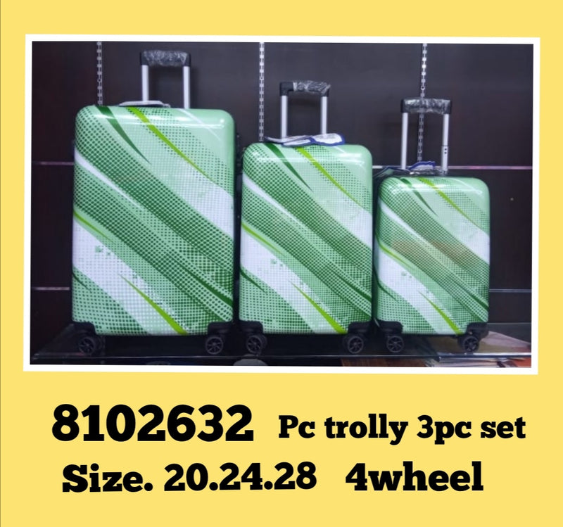 Green Stripe 3-Piece Luggage Set with 4-Wheel Rolling