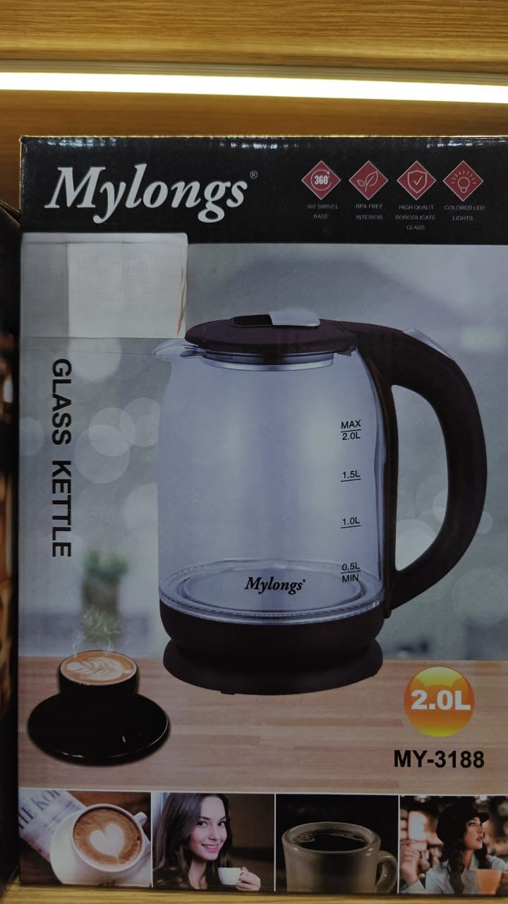 Mylongs Glass Electric Kettle: 2L Capacity, 360° Swivel Base