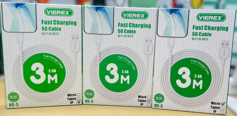 VIEREX Fast Charging 5G Cable - 3 Meter, 2.4A, Micro Type-C IP, VC-3