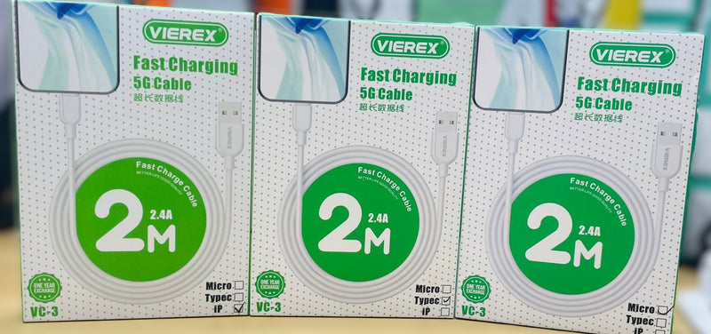 VIEREX Fast Charging 5G Cable - 2 Meter, 2.4A, Micro Type-C IP, VC-3