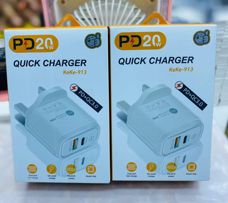 KeKe-913 PD 20W Quick Charger - Dual Port, Fast Charging, PD 20W + QC 3.0, Smart Chip Protection