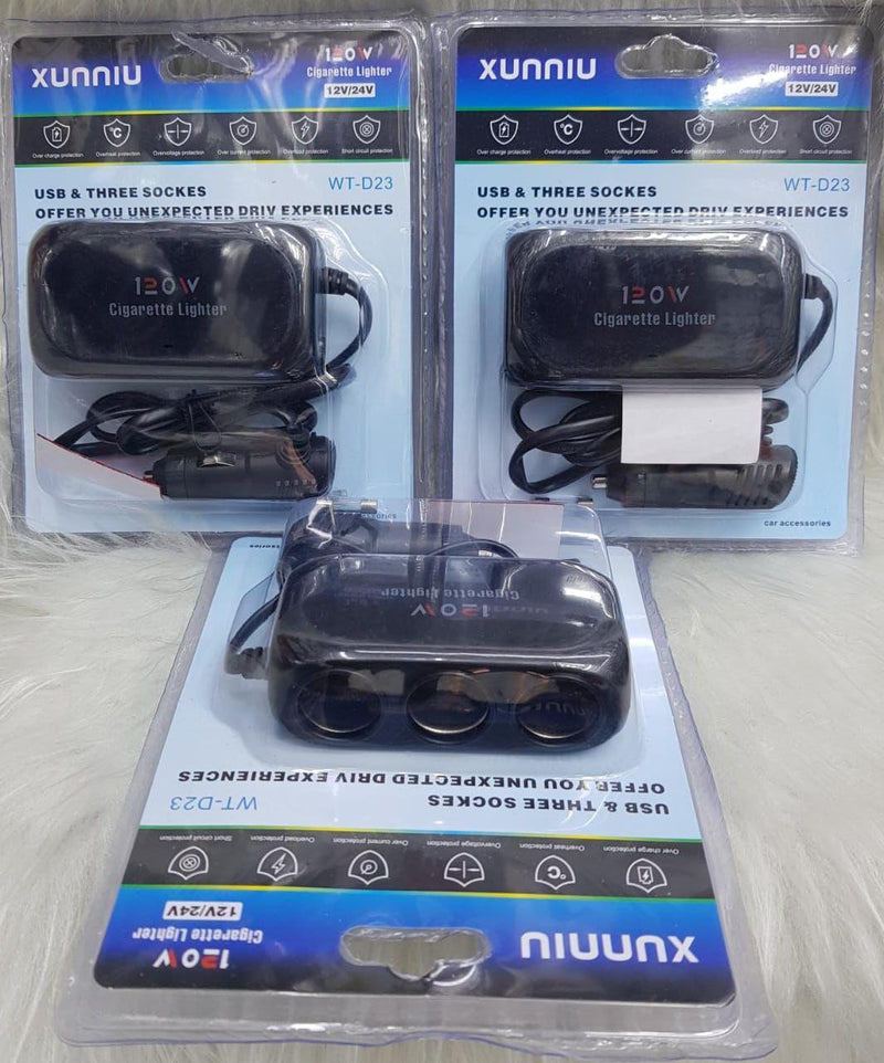 XUNNIU WT-D23 Car Charger - Dual USB & Three Sockets, 120W, 12V/24V, Universal Compatibility, Fast Charging