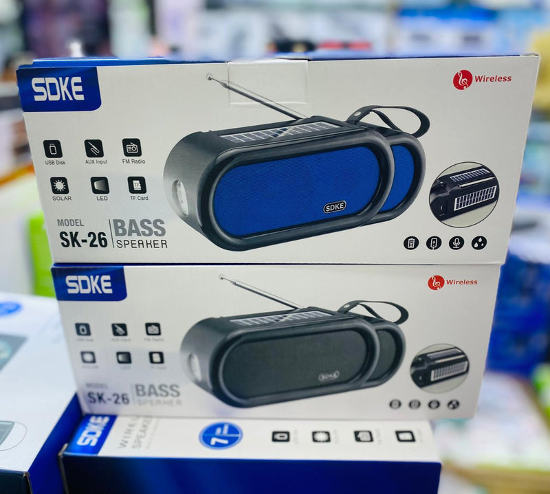 SDKE SK-26 Bass Speaker - Powerful Sound, Multiple Inputs, Solar Charging, Portable Bluetooth Speaker