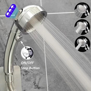 3 Modes High Pressure Big Boost Shower Head Water Saving Chrome Round ABS Rainfall Shower With Stop Button Bathroom Accessoies