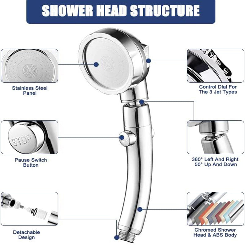 3 Modes High Pressure Big Boost Shower Head Water Saving Chrome Round ABS Rainfall Shower With Stop Button Bathroom Accessoies