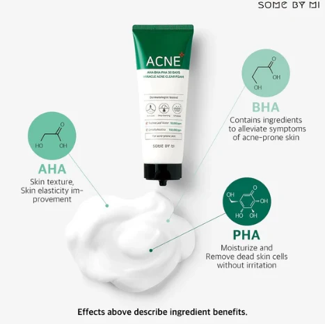 SOME BY MI AHA BHA PHA 30 Days Miracle Acne Clear Foam Cleanser 100ml Acne prone skin, Acne treatment Face Wash Moisturizing oil controlling acne removing blackhead pimples