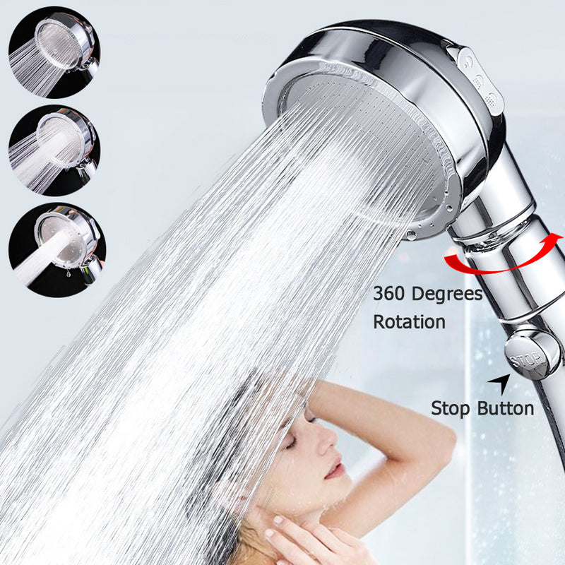 3 Modes High Pressure Big Boost Shower Head Water Saving Chrome Round ABS Rainfall Shower With Stop Button Bathroom Accessoies