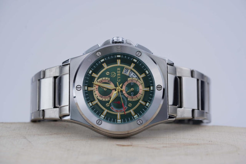 Cyber CB-8081 Chronograph Watch – Stainless Steel Band & Green Dial | Premium Men's Watches UAE