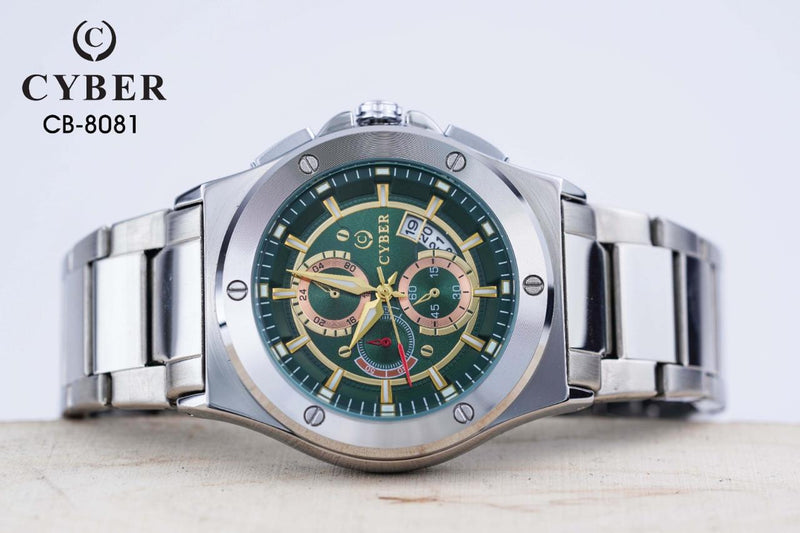 Cyber CB-8081 Chronograph Watch – Stainless Steel Band & Green Dial | Premium Men's Watches UAE