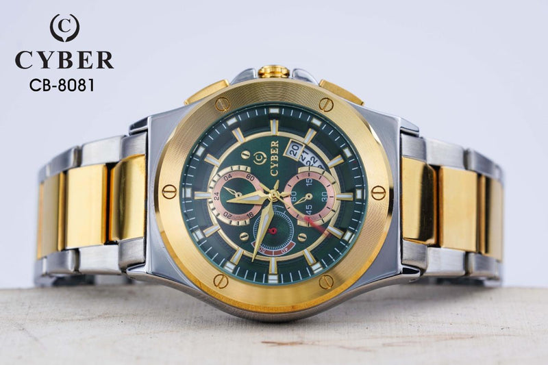 Cyber CB-8081 Chronograph Watch – Stainless Steel Band & Green Dial | Premium Men's Watches UAE