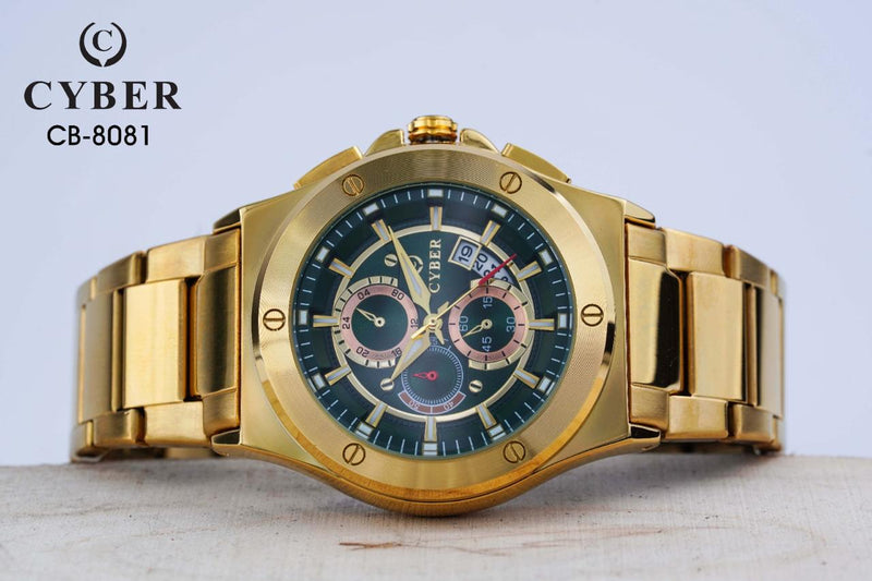 Cyber CB-8081 Chronograph Watch – Stainless Steel Band & Green Dial | Premium Men's Watches UAE