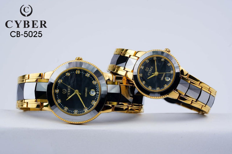 Premium Cyber CB-5025 Ceramic Couple Watch Set – Gold & Black Two-Tone Design