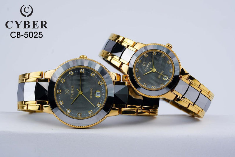 Premium Cyber CB-5025 Ceramic Couple Watch Set – Gold & Black Two-Tone Design