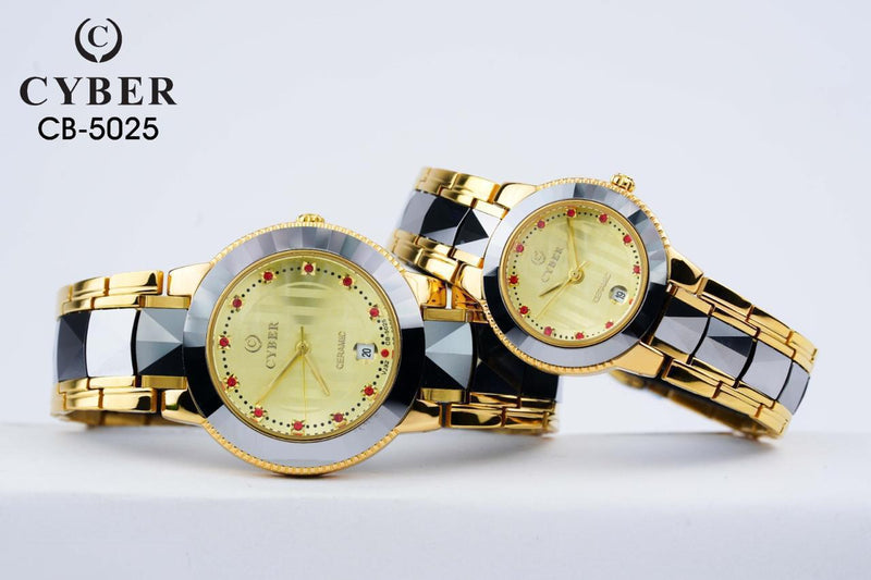 Premium Cyber CB-5025 Ceramic Couple Watch Set – Gold & Black Two-Tone Design