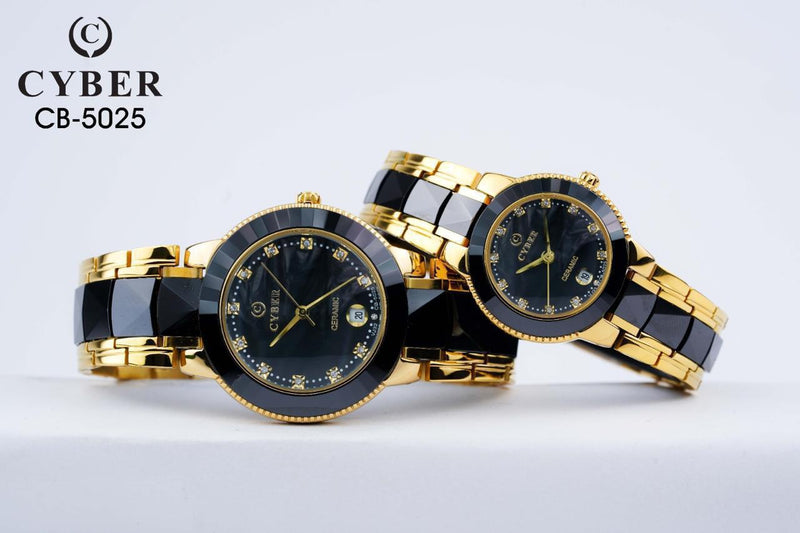 Premium Cyber CB-5025 Ceramic Couple Watch Set – Gold & Black Two-Tone Design