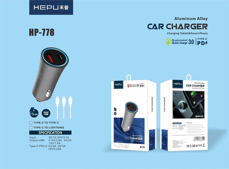 HEPU HP-778 Aluminum Alloy Car Charger with Qualcomm Quick Charge 3.0 and PD 3.0