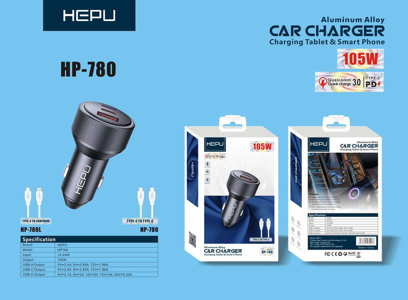 HEPU HP-780 105W Aluminum Alloy Car Charger with Quick Charge 3.0 and PD