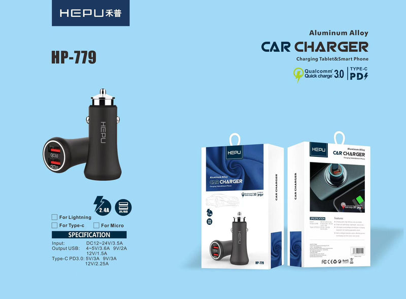 HEPU HP-779 30W Aluminum Alloy Car Charger with Quick Charge 3.0 and PD