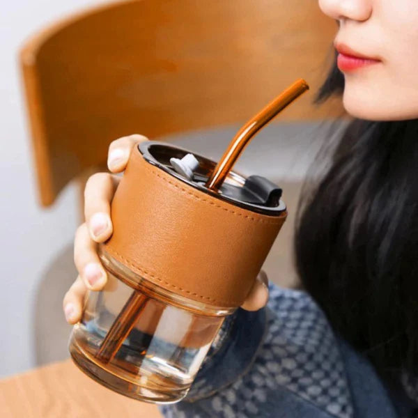 Stylish Glass Tumbler with Leather Sleeve and Straw