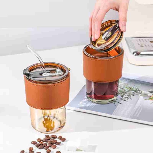 Stylish Glass Tumbler with Leather Sleeve and Straw