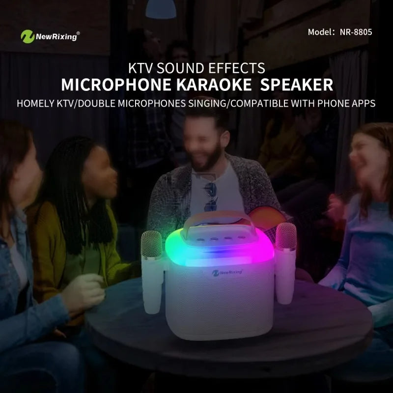 NewRixing NR-8805 - Portable Karaoke Speaker with Dual Wireless Mics & LED Lights