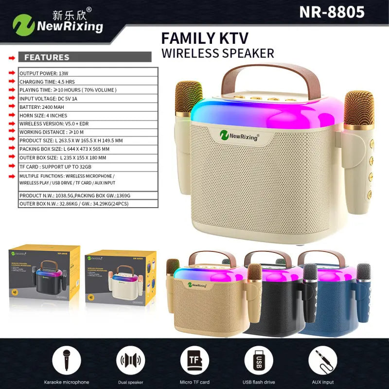 NewRixing NR-8805 - Portable Karaoke Speaker with Dual Wireless Mics & LED Lights