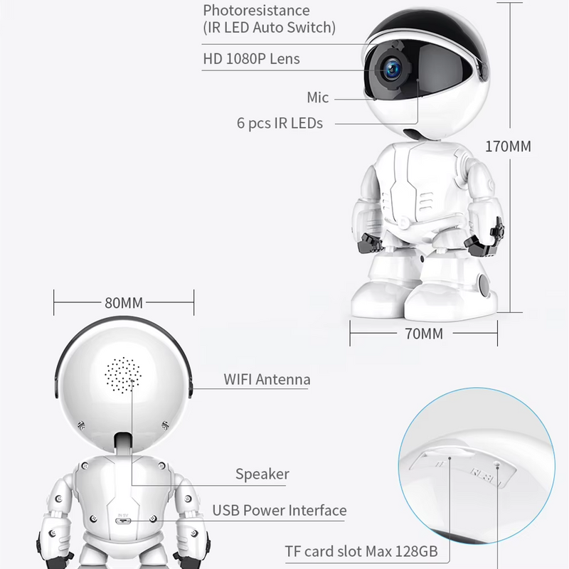 2MP 1080P HD 2.8MM Lens Security Robot Camera WIFI Wireless IR 10M Motion detection Auto Tracking Built-in microphone AI Humanoid Detection PTZ IP Camera Day/Night Vision