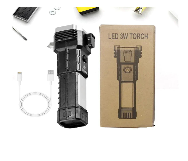 LED 3W Torch | Emergency Light With Safety Hammer & Sharp Cutter 12 Pieces